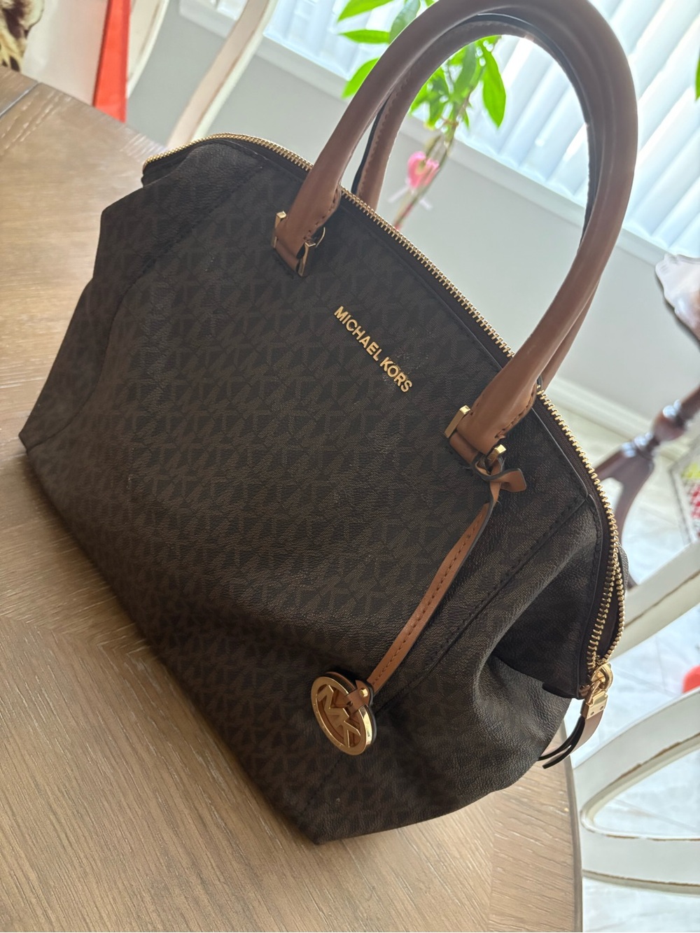 Michael Kors Brown MK Signature Satchel with Tan Handles - Picture 6 of 10